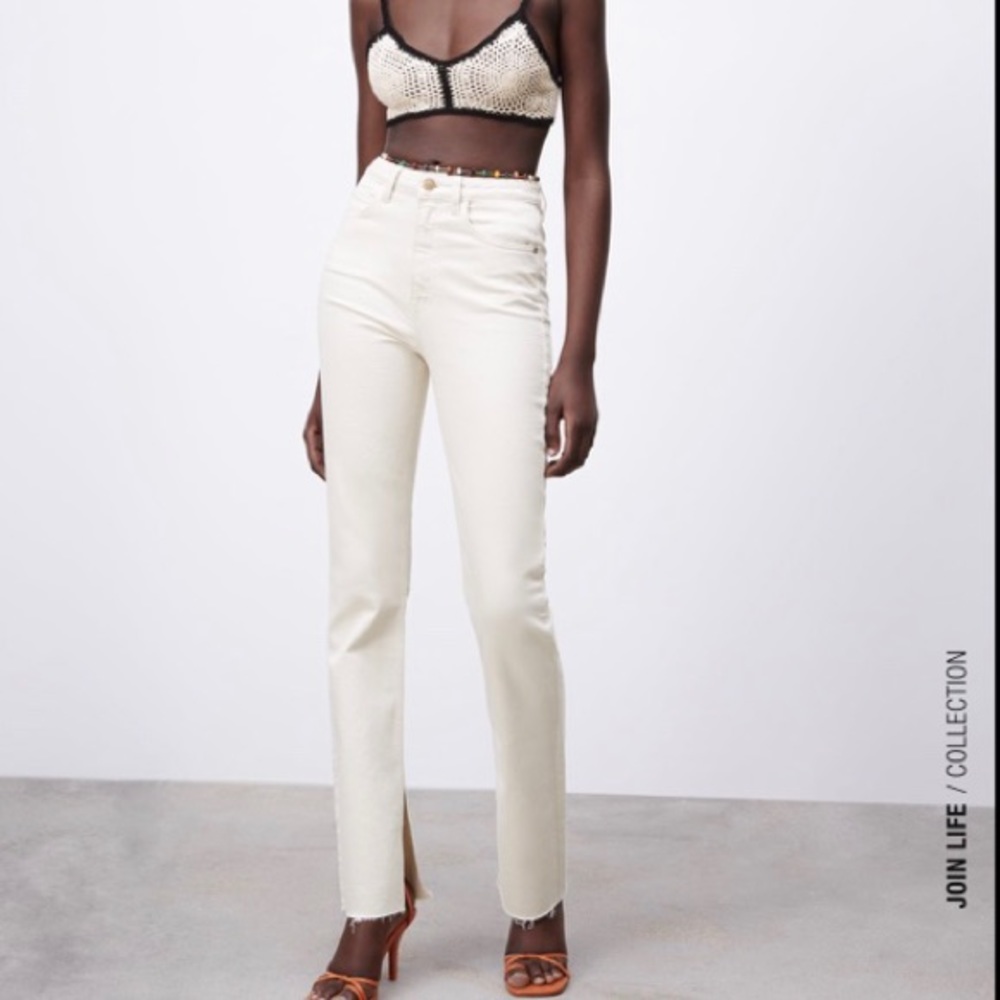 Zara Cream High Rise split hem slim flare jeans